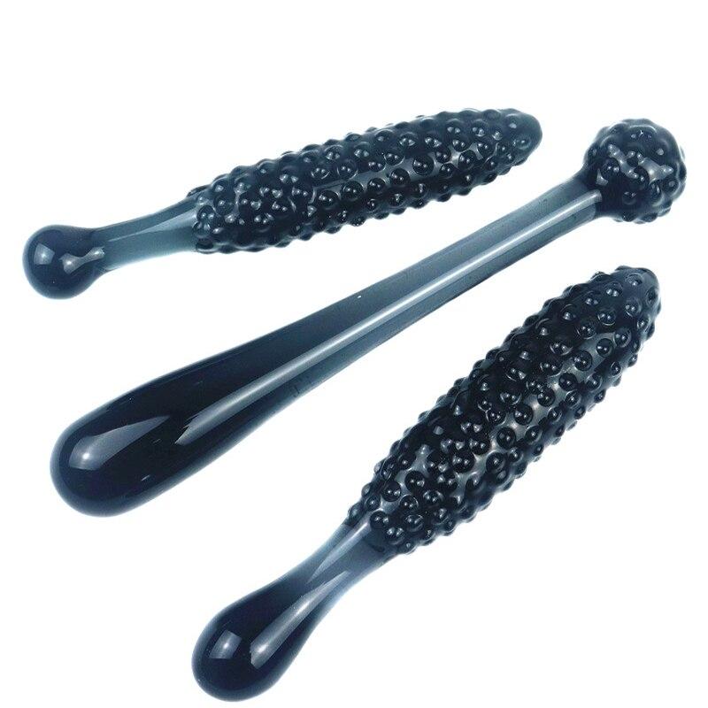 Black Granules Glass Anal Double Dildo Butt Plug Sex Toy Couples