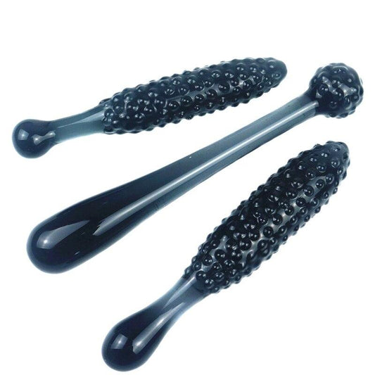 Black Granules Glass Anal Double Dildo Butt Plug Sex Toy Couples