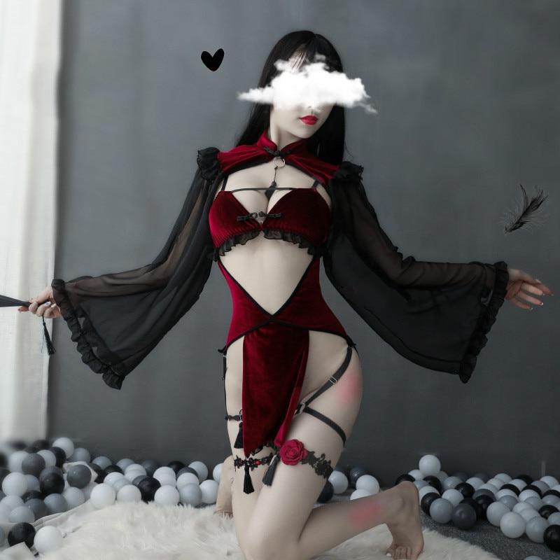 Dark Midnight Red Velvet Sexy Witch Lingerie Costume
