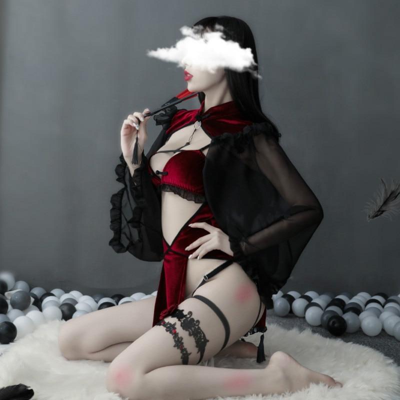 Dark Midnight Red Velvet Sexy Witch Lingerie Costume