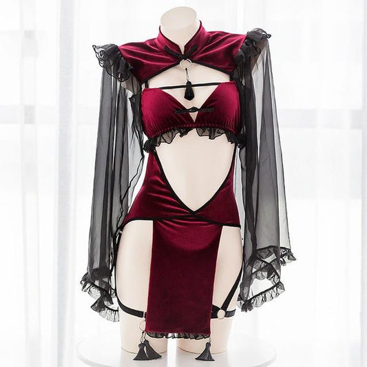 Dark Midnight Red Velvet Sexy Witch Lingerie Costume