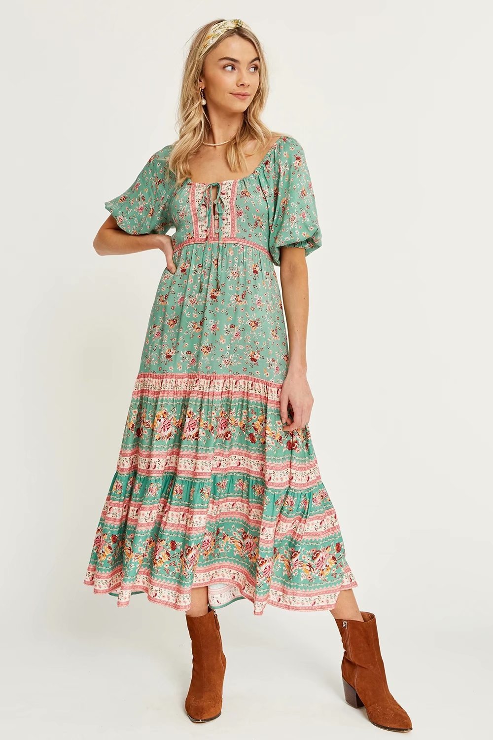 Women' Boho Green Floral Sundress Garden Party Dress