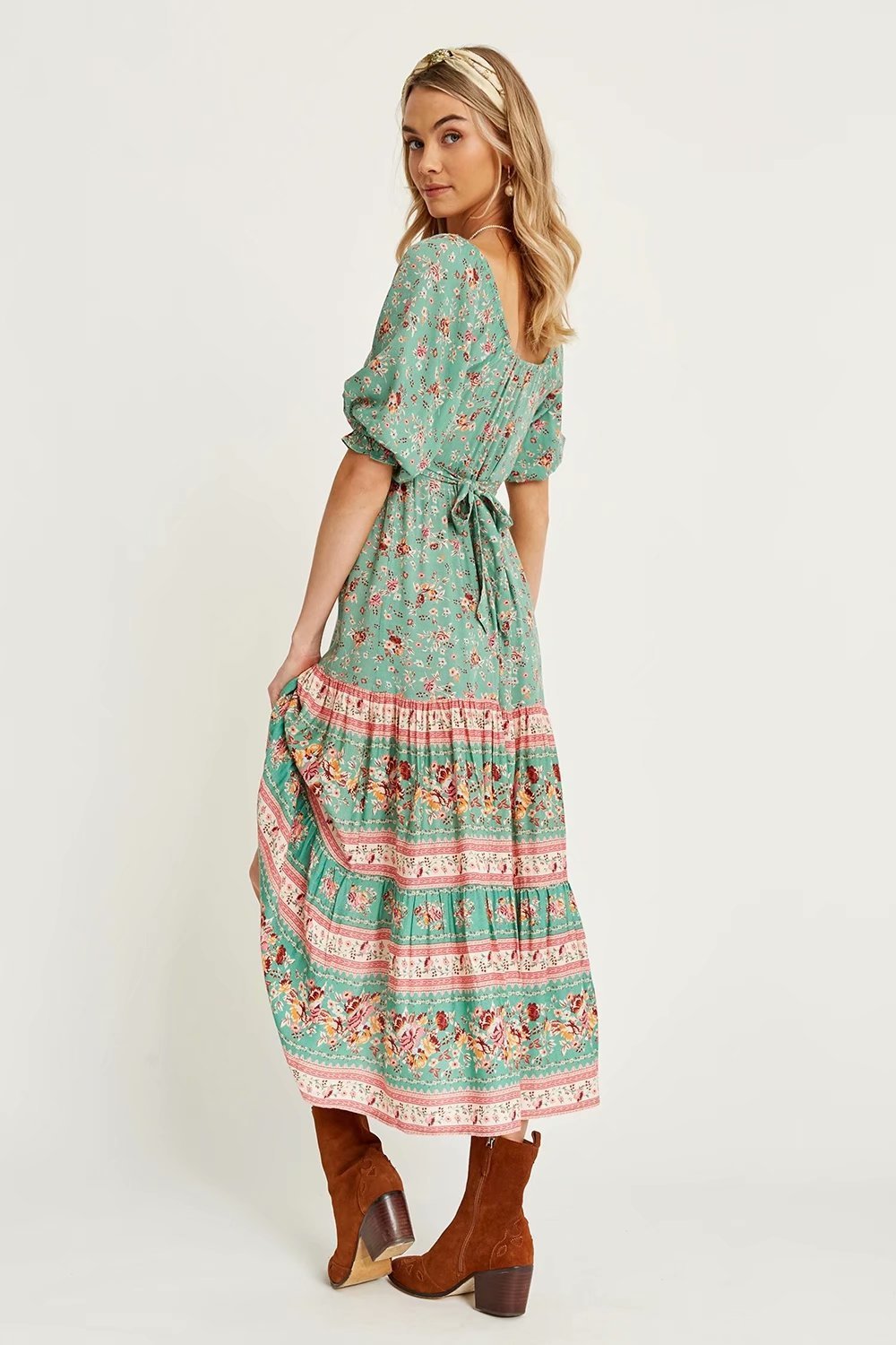 Women' Boho Green Floral Sundress Garden Party Dress