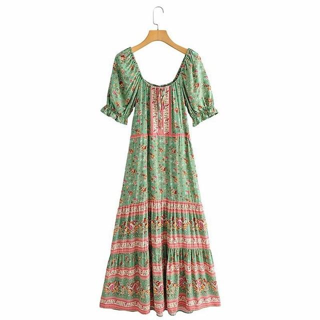 Women' Boho Green Floral Sundress Garden Party Dress
