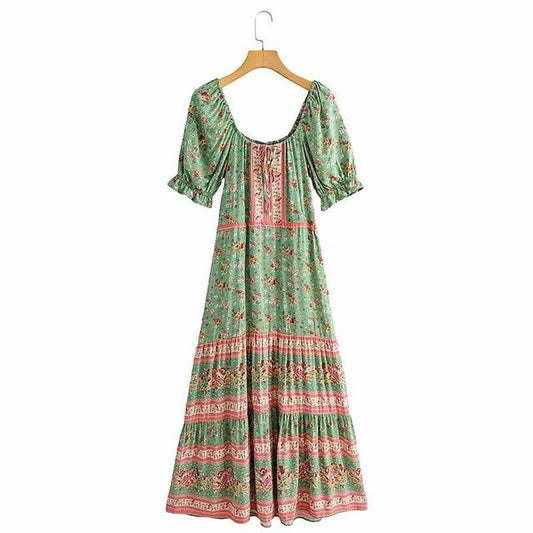 Women' Boho Green Floral Sundress Garden Party Dress