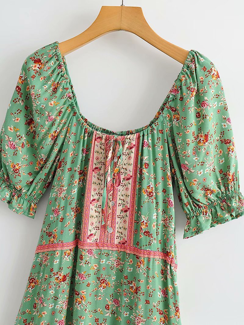 Women' Boho Green Floral Sundress Garden Party Dress