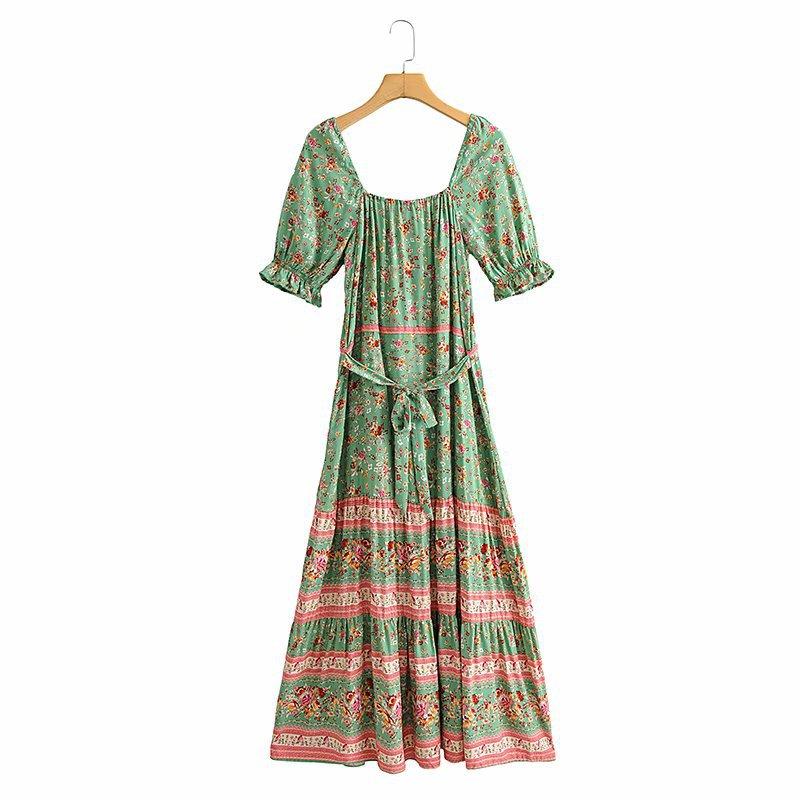 Women' Boho Green Floral Sundress Garden Party Dress
