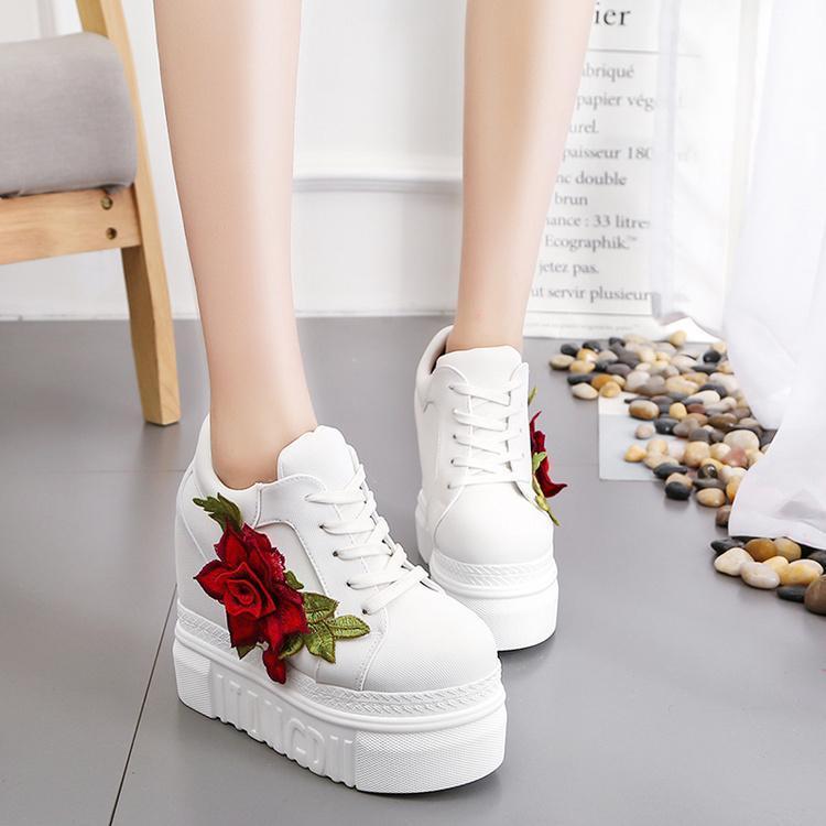 Red Rose Wedge Sneakers Embroidered Flower White Black High Heels