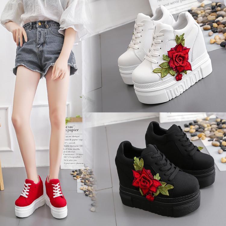 Red Rose Wedge Sneakers Embroidered Flower White Black High Heels