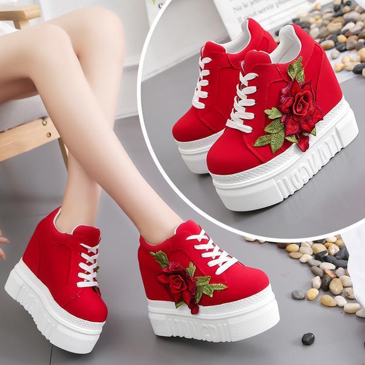 Red Rose Wedge Sneakers Embroidered Flower White Black High Heels