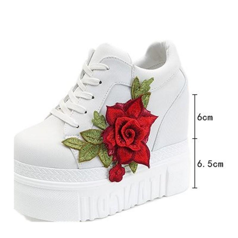 Red Rose Wedge Sneakers Embroidered Flower White Black High Heels