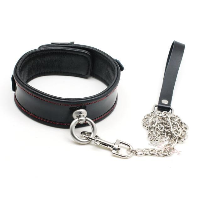 Black Genuine Leather Bondage Collar Leash Metal Chain Bdsm Beginners