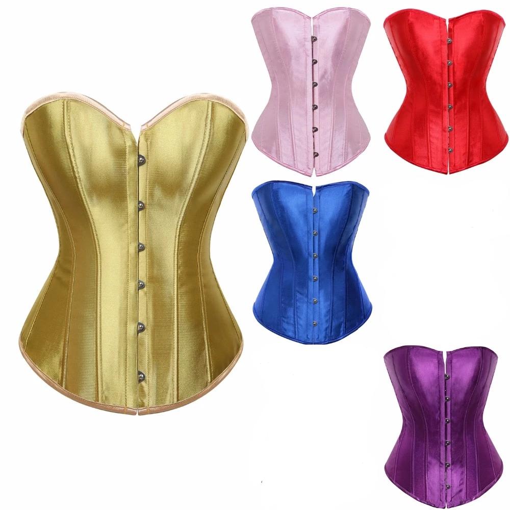 Satin Over Bust Corset Lace Up Back Pink Purple Blue Gold Red Erotic Lingerie
