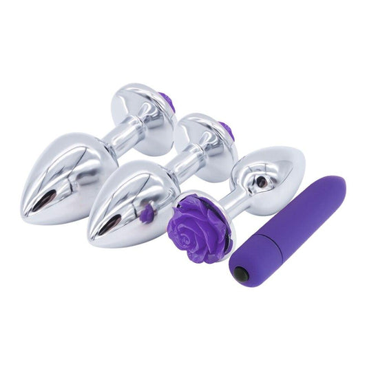 Purple Rose Stainless Steel Anal Plugs 3 Sizes Vibrating Bdsm Butt Set