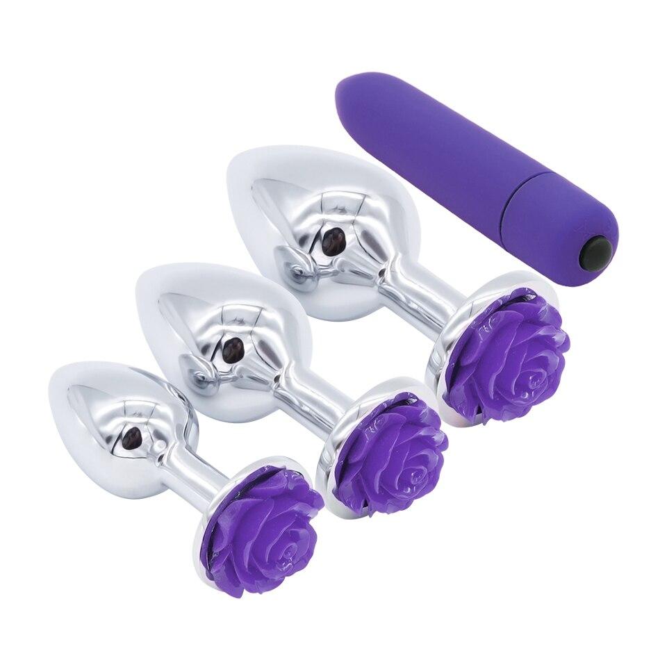 Purple Rose Stainless Steel Anal Plugs 3 Sizes Vibrating Bdsm Butt Set