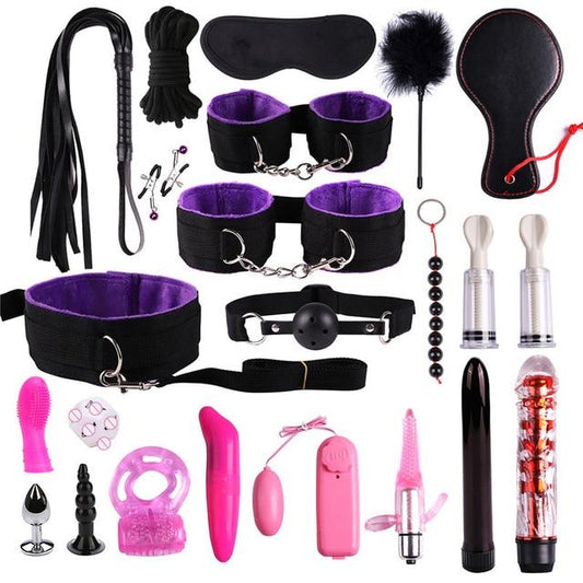 Bdsm Beginner's Sex Toy Kit With Vibrator Nipple Suckers Restraints