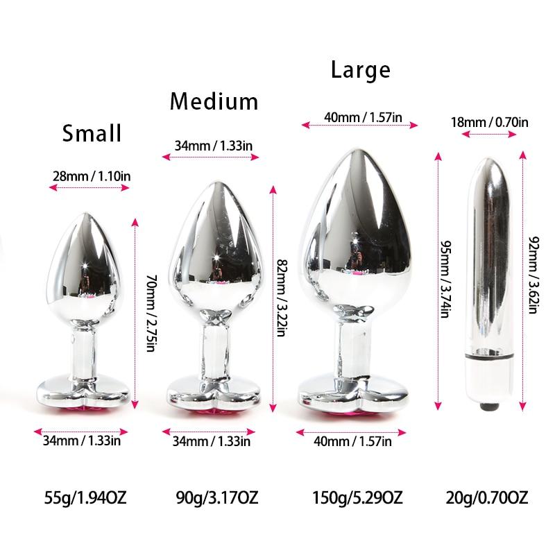 Pink Heart Crystal Jewel Metal Butt Plug Three Size Mini Vibrator Anal Training