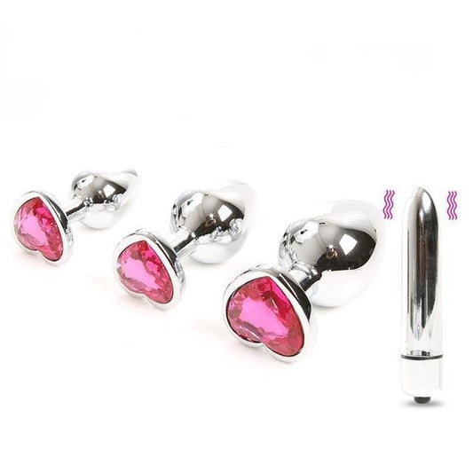 Pink Heart Crystal Jewel Metal Butt Plug Three Size Mini Vibrator Anal Training