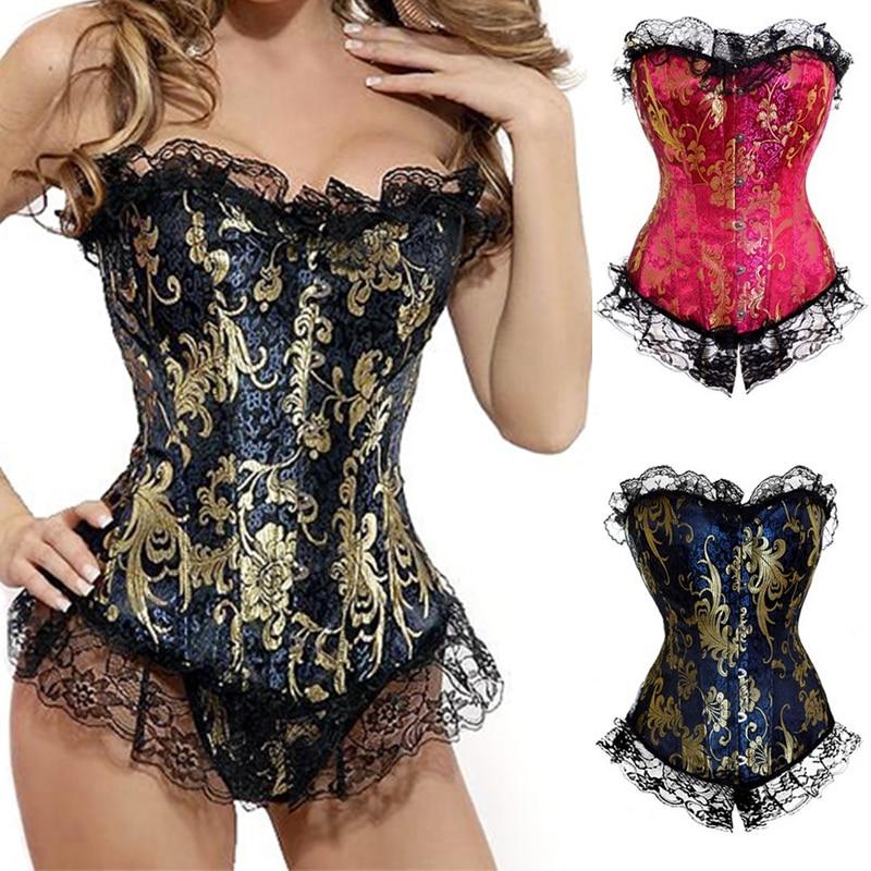 Blue Red Corset Gold Lace Trim Sexy Lingerie Kink Bdsm Fetish Clothing