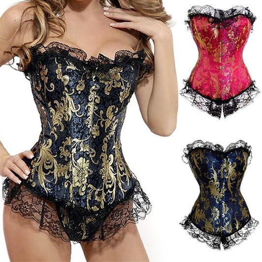 Blue Red Corset Gold Lace Trim Sexy Lingerie Kink Bdsm Fetish Clothing