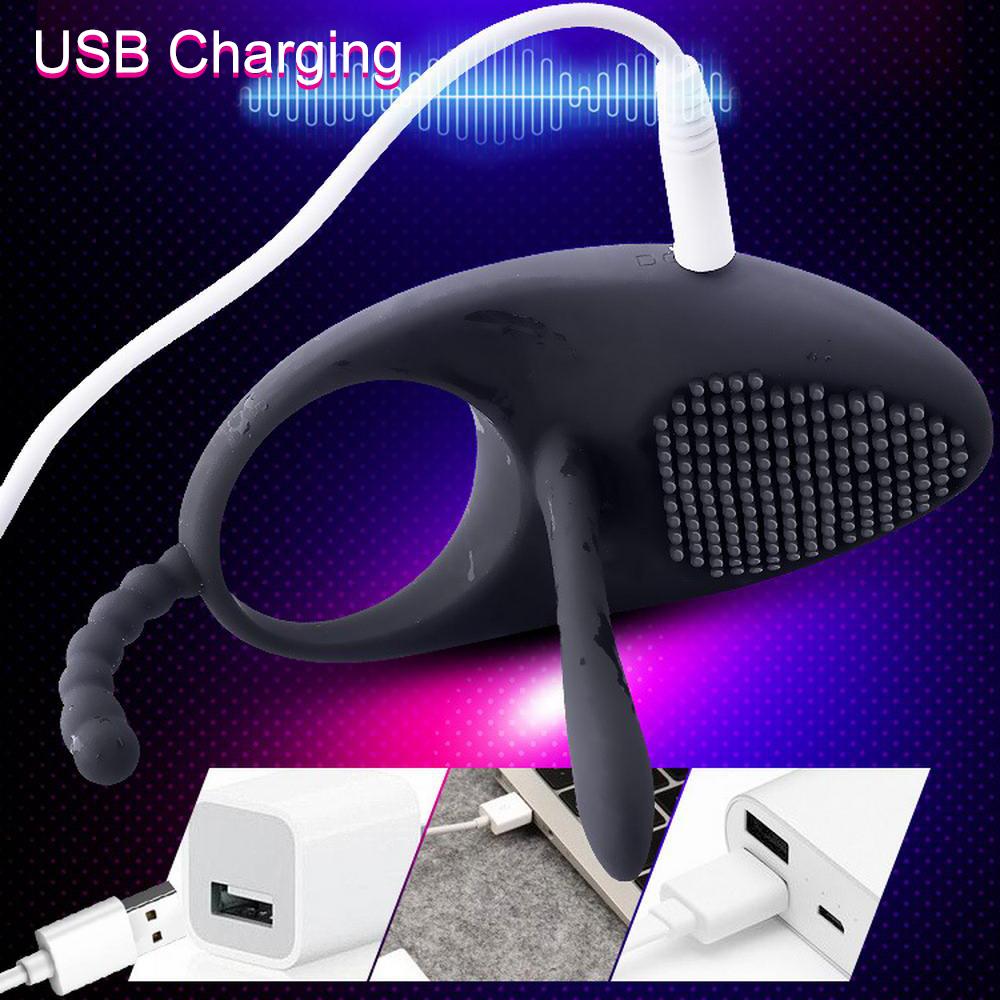 Black Vibrating Cock Ring Anal Beads Butt Plug Clitoral Stimulator Couples Vibrator