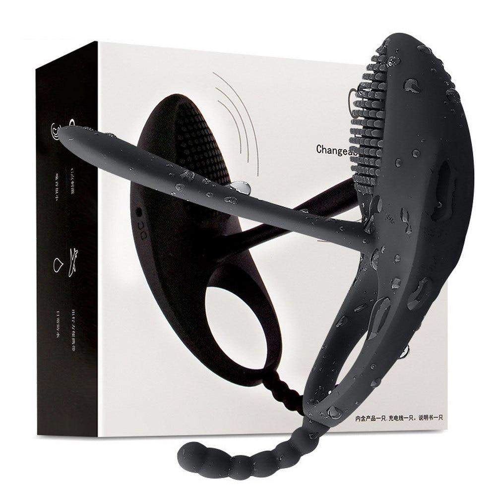 Black Vibrating Cock Ring Anal Beads Butt Plug Clitoral Stimulator Couples Vibrator
