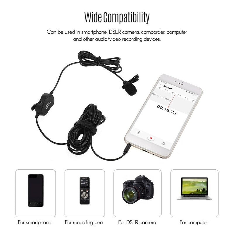 Professional 3.5Mm Recording Condenser Lavalier Microphone Black