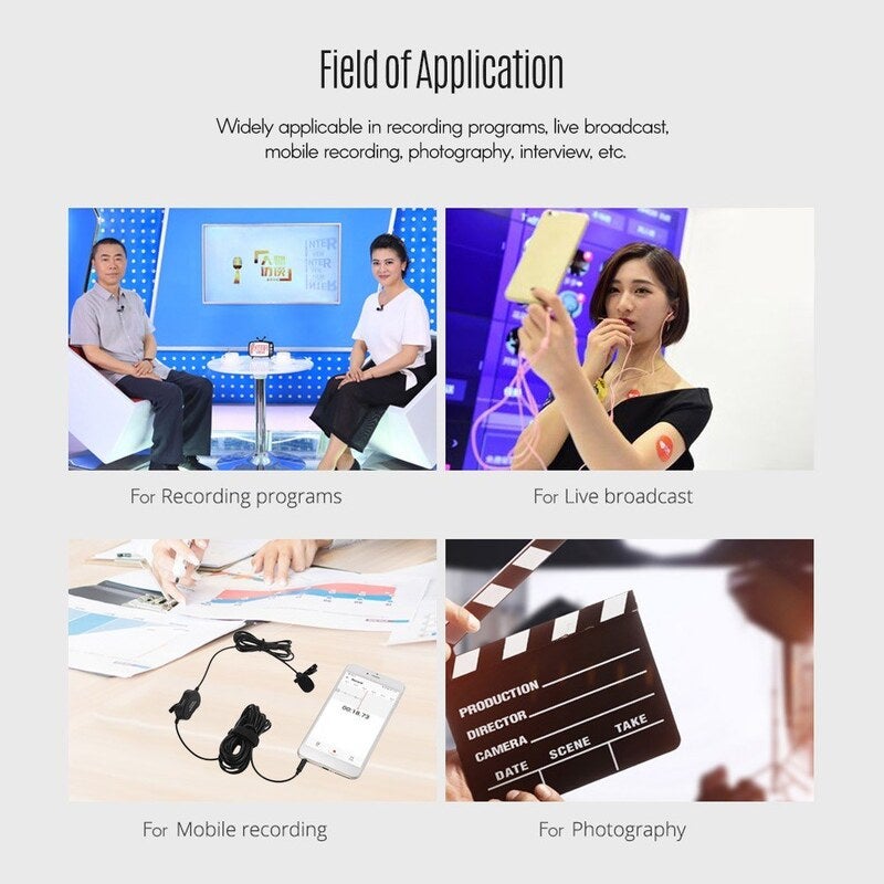 Professional 3.5Mm Recording Condenser Lavalier Microphone Black