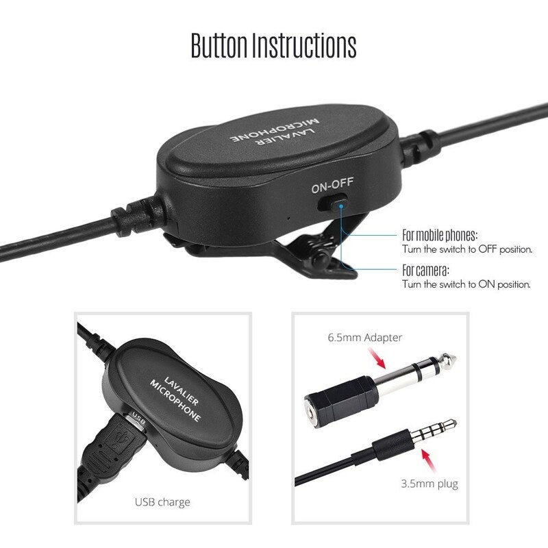 Professional 3.5Mm Recording Condenser Lavalier Microphone Black