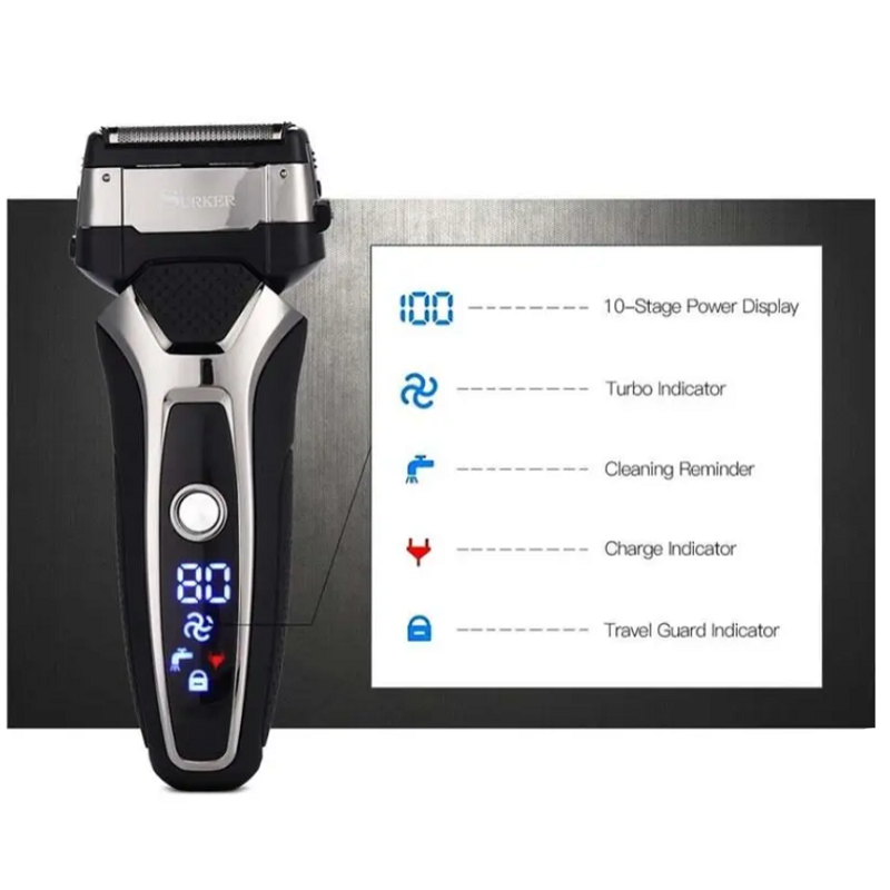 Professional Turbocharged Men's Electric Shaver 3D Floating Blade Wet Dry Usb Rechargeable Razor Fast Safe Led Beard Tri