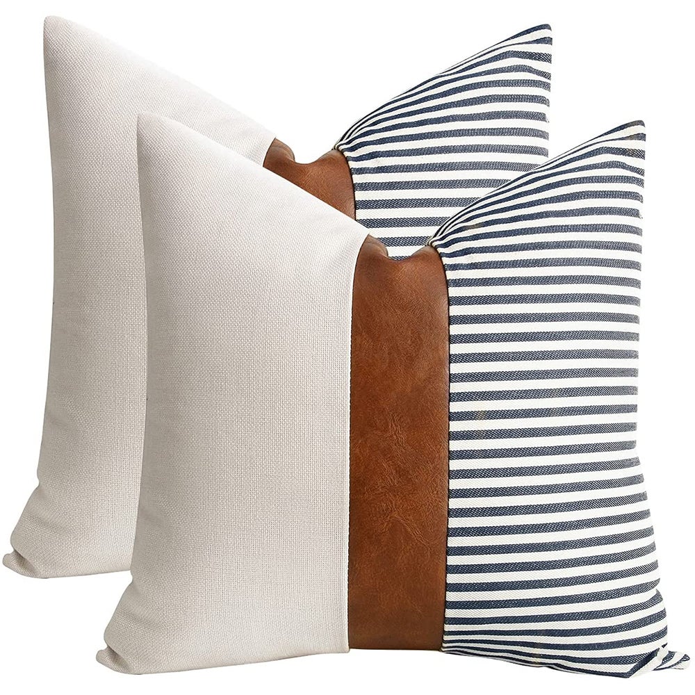 Pu Leather Throw Pillow Covers Farmhouse Decor Stripe Patchwork Modern Square Cushion