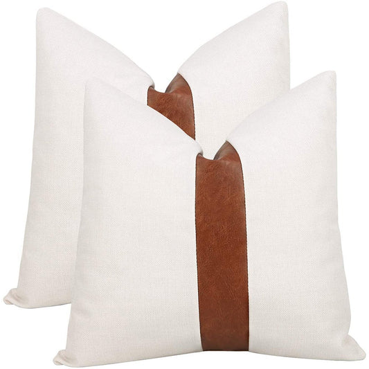Pu Leather Throw Pillow Covers Farmhouse Decor Stripe Patchwork Modern Square Cushion