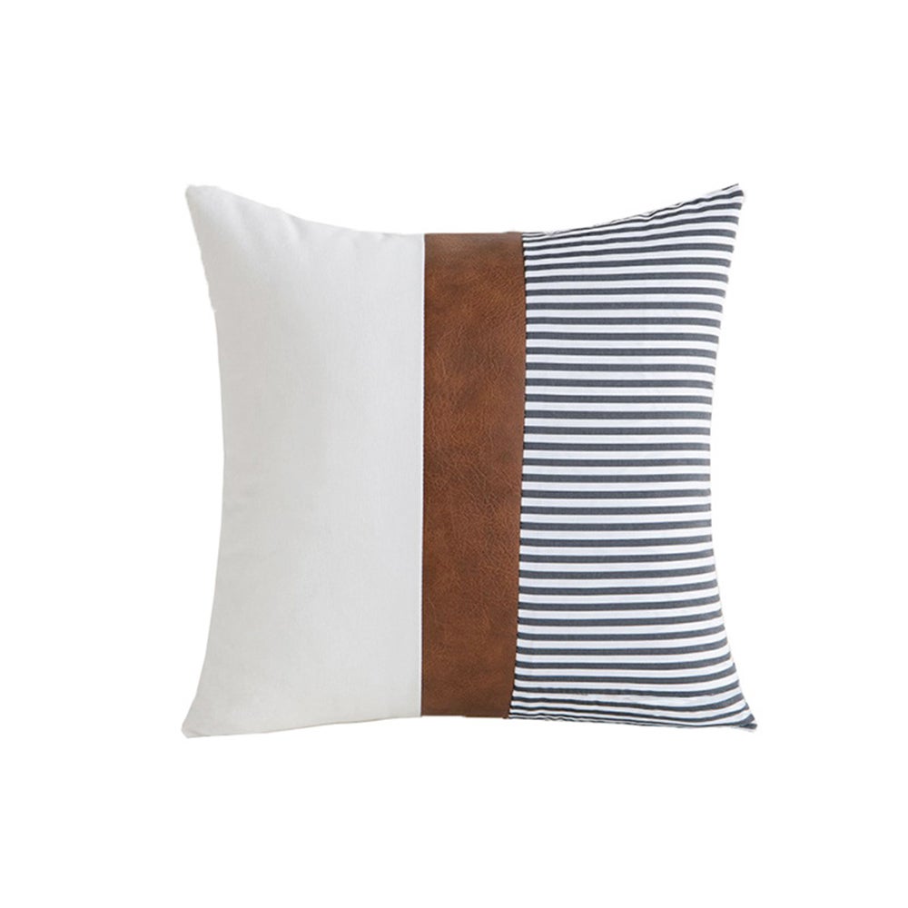 Pu Leather Throw Pillow Covers Farmhouse Decor Stripe Patchwork Modern Square Cushion