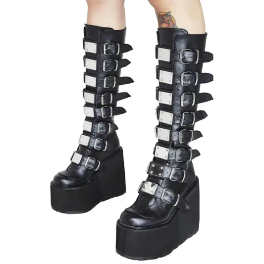 1 Sets of Punk Women Boots Cosplay High Tube Leather Platform Wedges Gothic Style Shoes