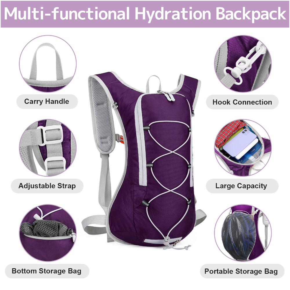 Purple Outdoor Sports Hydration Backpack For Running Hiking And Cycling Lightweight Waterproof