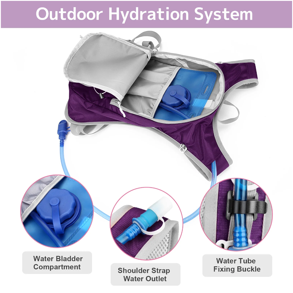 Purple Outdoor Sports Hydration Backpack For Running Hiking And Cycling Lightweight Waterproof