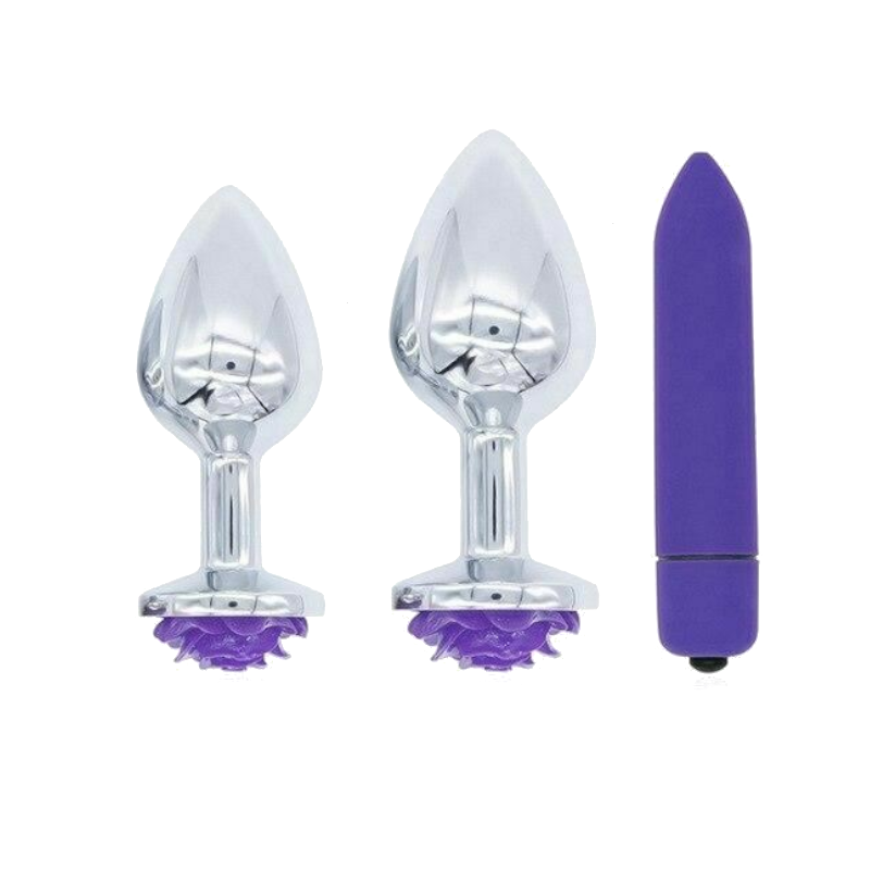 Purple Rose Stainless Steel Anal Plugs 3 Sizes Vibrating Bdsm Butt Set