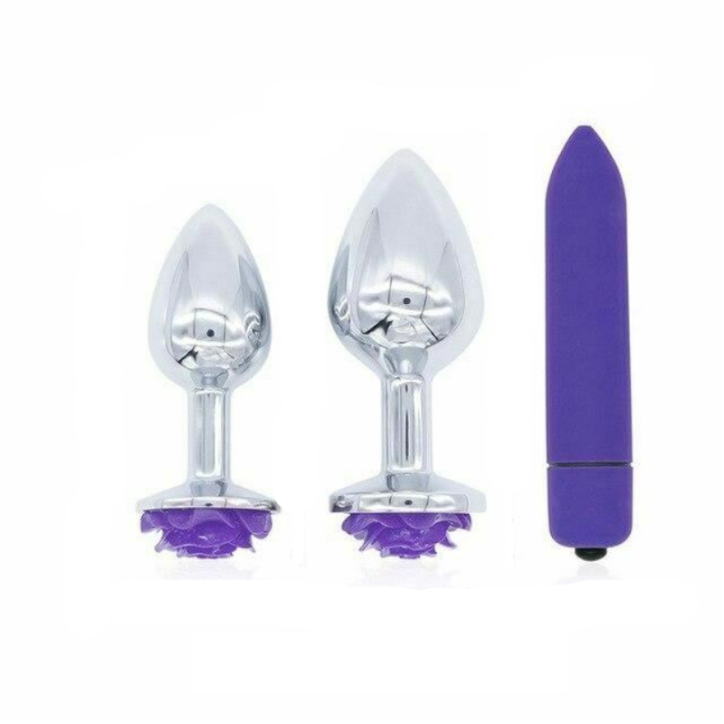 Purple Rose Stainless Steel Anal Plugs 3 Sizes Vibrating Bdsm Butt Set