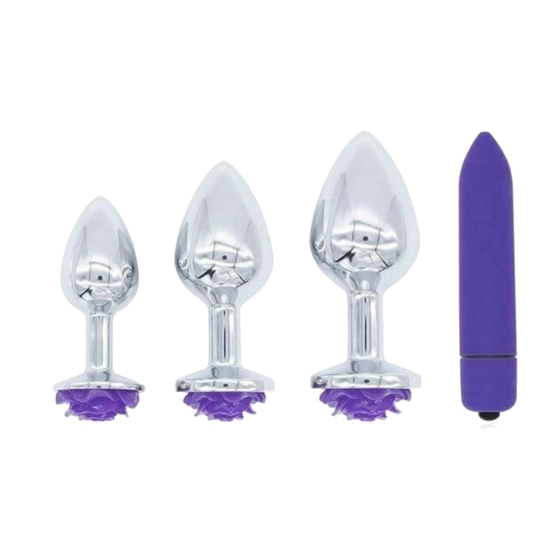 Purple Rose Stainless Steel Anal Plugs 3 Sizes Vibrating Bdsm Butt Set
