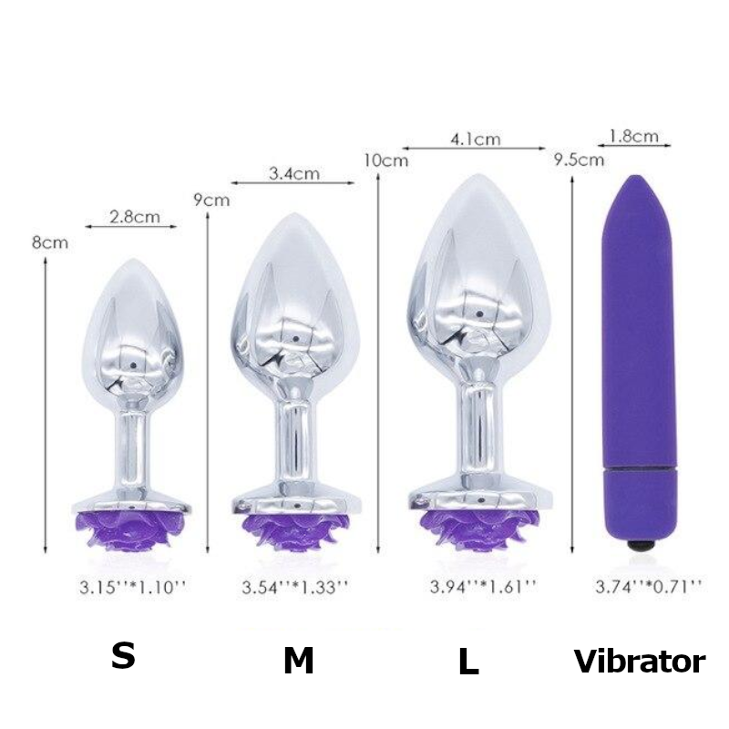 Purple Rose Stainless Steel Anal Plugs 3 Sizes Vibrating Bdsm Butt Set