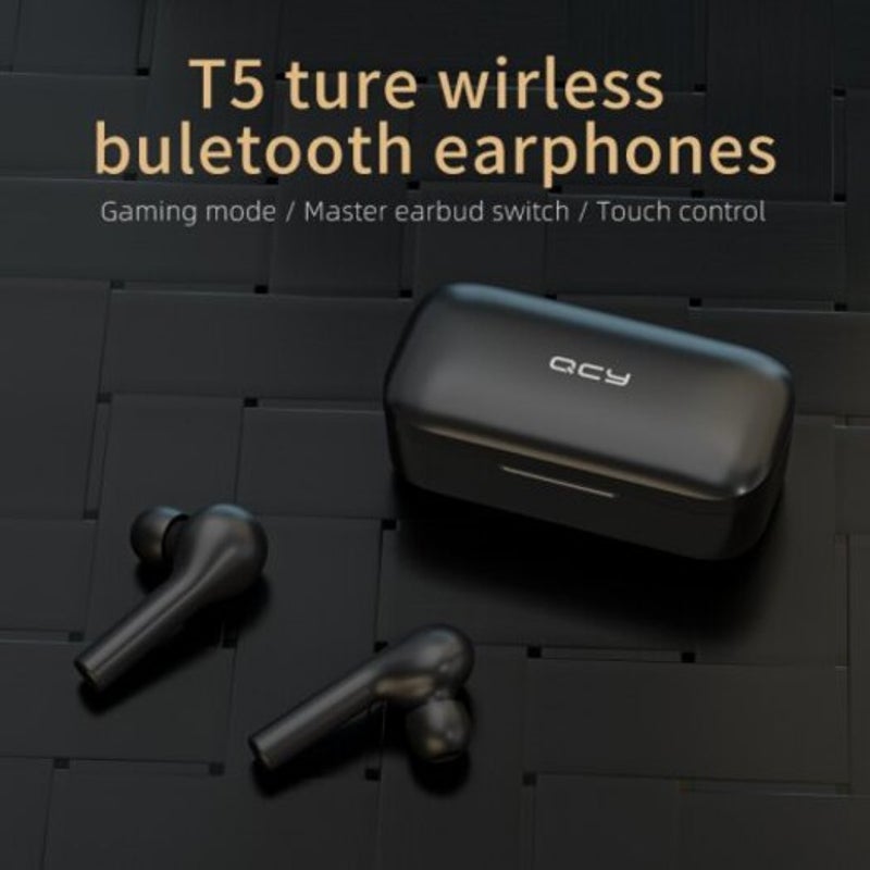 Qcy T5 Wireless Bluetooth Earphones V5.0 Touch Control Stereo Hd Talking With 380Mah Battery Black