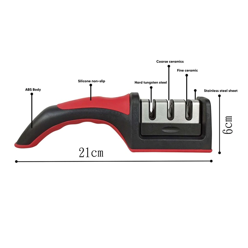 Quick Sharpener Professional 3 Stages Knife Grinder Non Slip Silicone Rubber Kitchen Tools Red