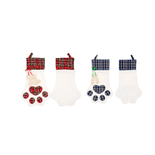 Red Or Blue Plaid Paw Shaped Pet Christmas Stocking For Dogs Cats