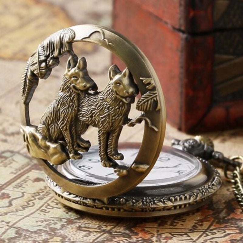 Veile Studios Steampunk Hollow Dog Quartz Pocket Watch Necklace Pendant53 Copper Color