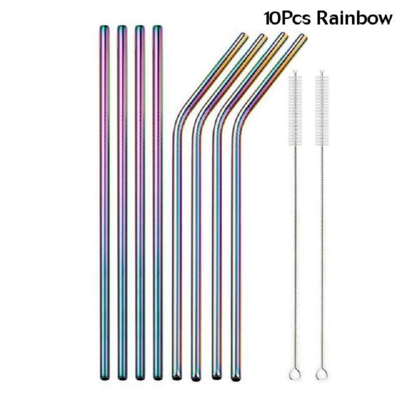 Reusable Rainbow Stainless Steel Straight Or Bent Metal Straws Party Supplies