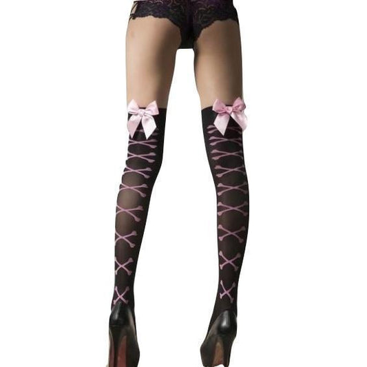 Thigh High Corset Lace-Up Stockings With Pink Silk Bow