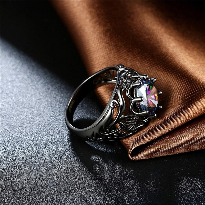 Veile Studios Rings Rainbow Multi Color Topaz Stamp Black Gun Plated