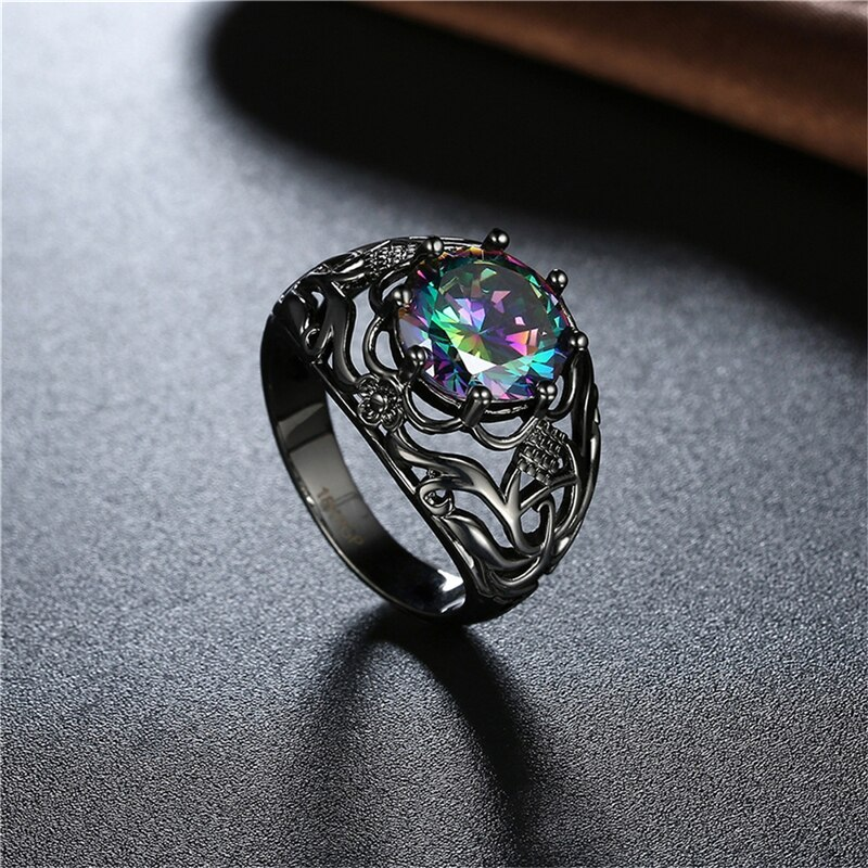 Veile Studios Rings Rainbow Multi Color Topaz Stamp Black Gun Plated