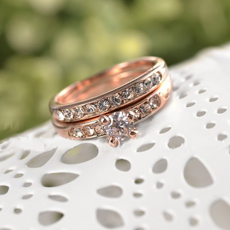Veile Studios Gold Colour Two Ring Set Big Stone Zircon Crystal Statement Jewelry