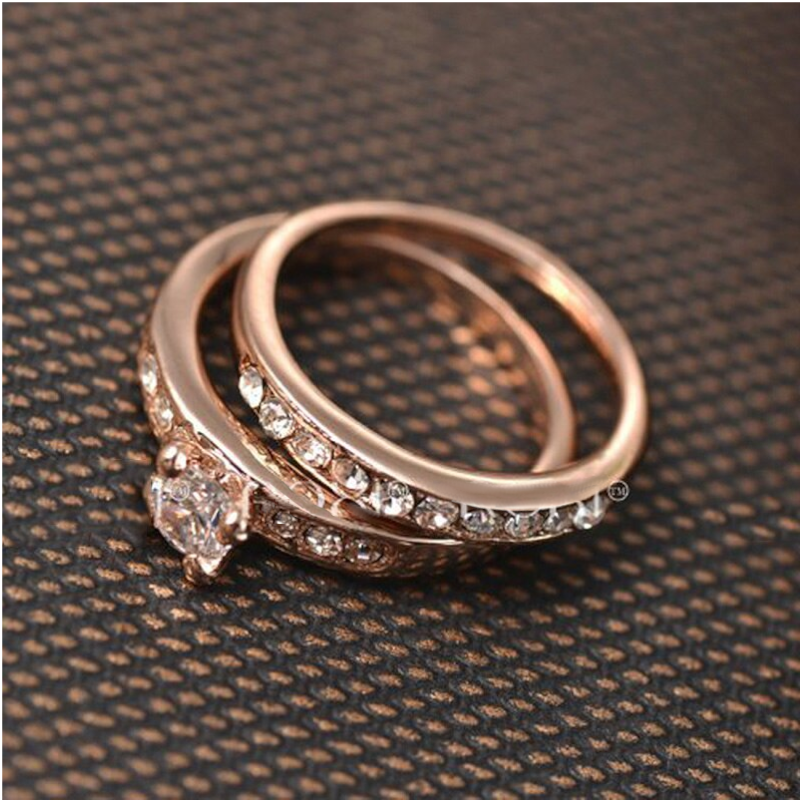 Veile Studios Gold Colour Two Ring Set Big Stone Zircon Crystal Statement Jewelry